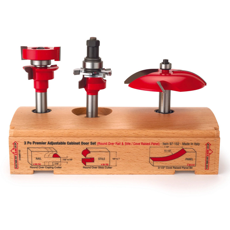 97-152 Adjustable Rail And Stile 3-Pc Door Router Bit Set Cove Panel Round Rail 1/2" Shank